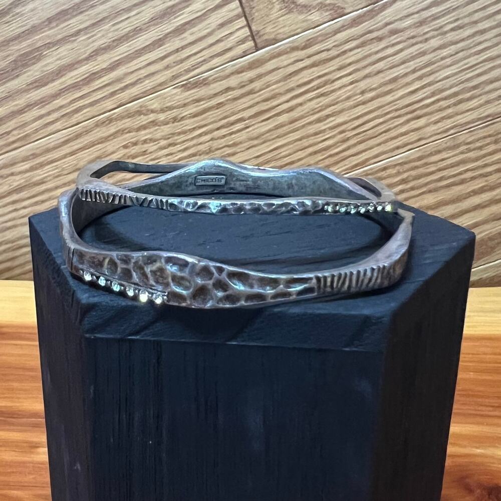 Chico's Hammered Metal Silver Tone Bangle Set 2 Pieces Crystals Accent Bracelets